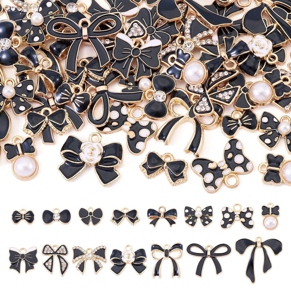 8371 60Pcs Black Enamel Bowknot Charms Cute Bow Tie Metal Charms Assorted